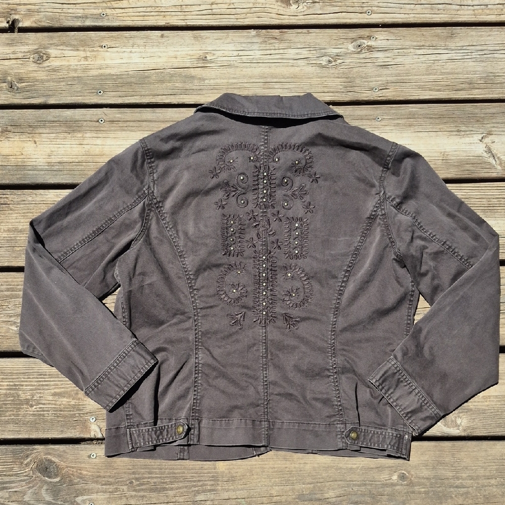 Chico's Earthy Distressed Boho Jean Jacket